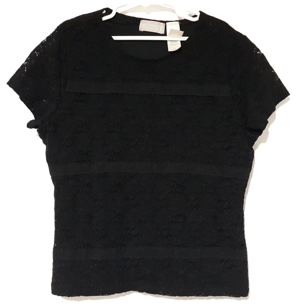 Liz Claiborne Womens Black Lace Shirt Top Short Sleeve T Shirt Petite Small